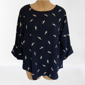 Everly Blouse Semi Sheer Tab Sleeve Seagull Print